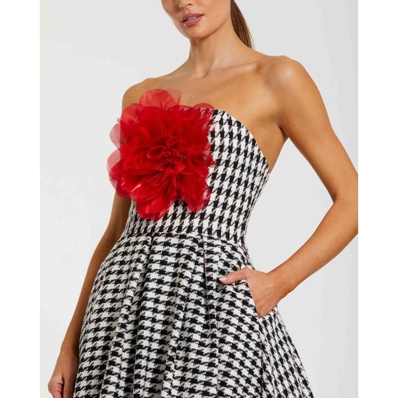 NWT Mac Duggal Ieena‎ Black White Strapless Boucle A Line Midi Dress W/3D Flower - Picture 6 of 15